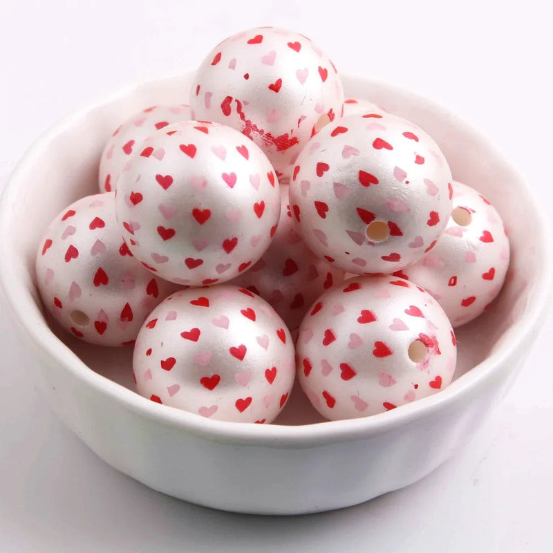 Acrylic Pearl Print Heart Beads Red/Pink 20mm 100pcs