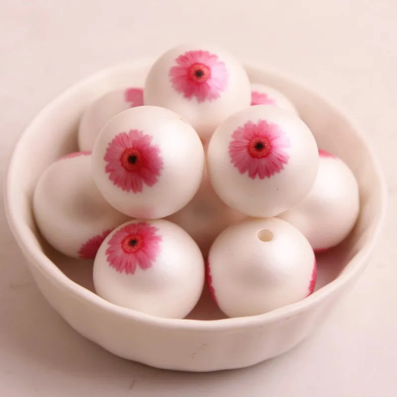 20mm 100pcs Acrylic Matte Pearl Print Flower Beads for Chunky Girls Necklace