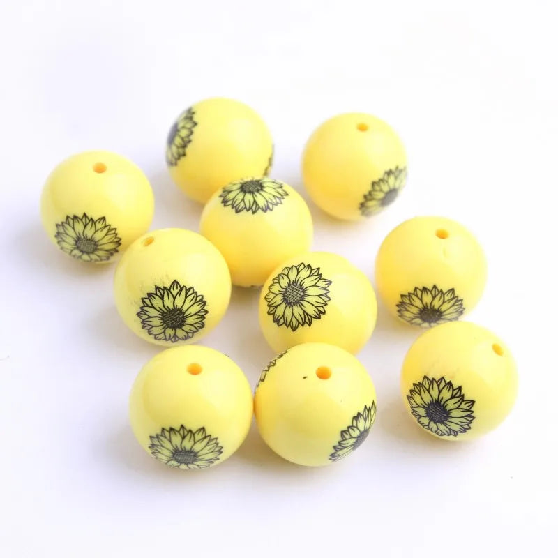 20mm 100pcs Acrylic Yellow Beads Sunflower Print for Necklace Jewelry