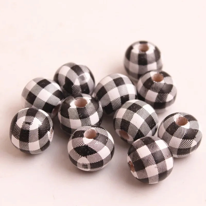 20mm 100pcs Wood Print Plaid Beads for Chunky Girls Necklace
