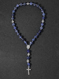 8 Mm Oaiite Rosary Bracelet for Men Blue-Vein Beads Crucifix Cross