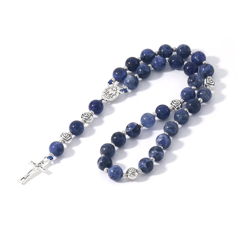 8 Mm Oaiite Rosary Bracelet for Men Blue-Vein Beads Crucifix Cross