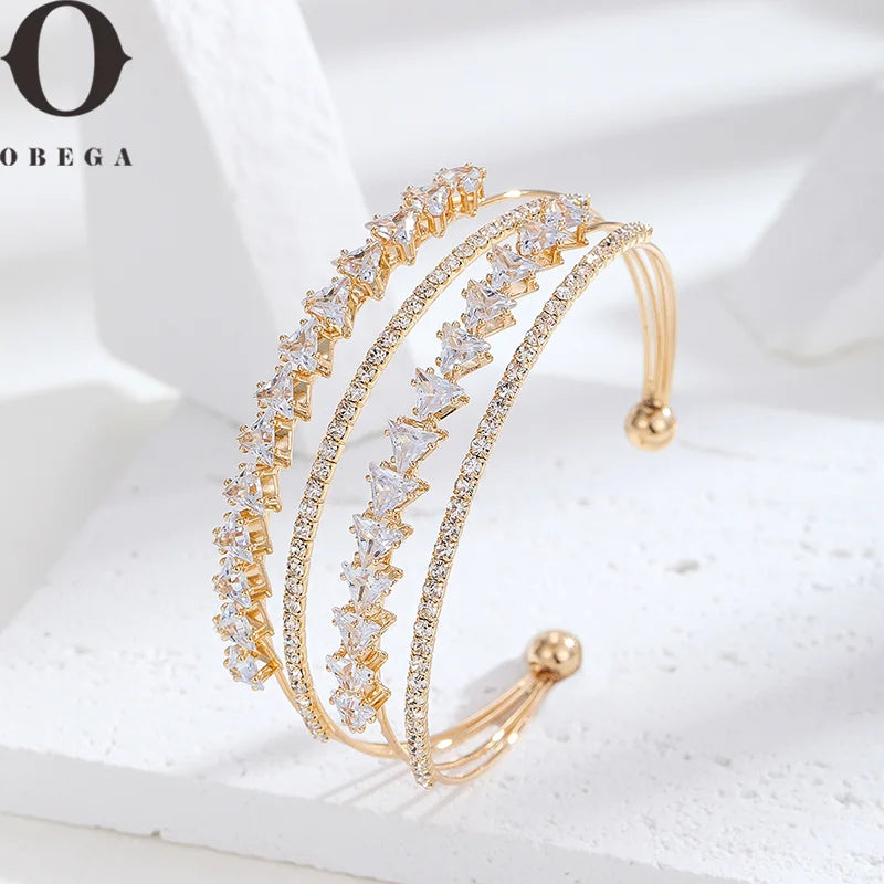 CZ Plated Women Cuff Bangle Multi-Layer Crystal Bracelet