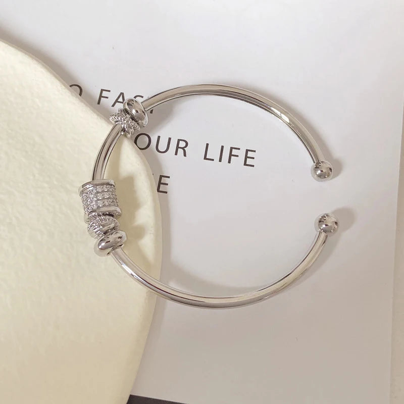 Cubic Zircon Stone Rhodium Plated Cuff Bangle Copper Bracelet