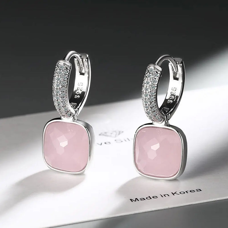 Geometric Crystal Square Ear Buckle Silver Earrings