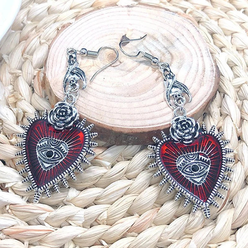 Occult Dark Goth Drop Earring Jewelry Blood Rose Heart Oil Bat Gothic Earrings