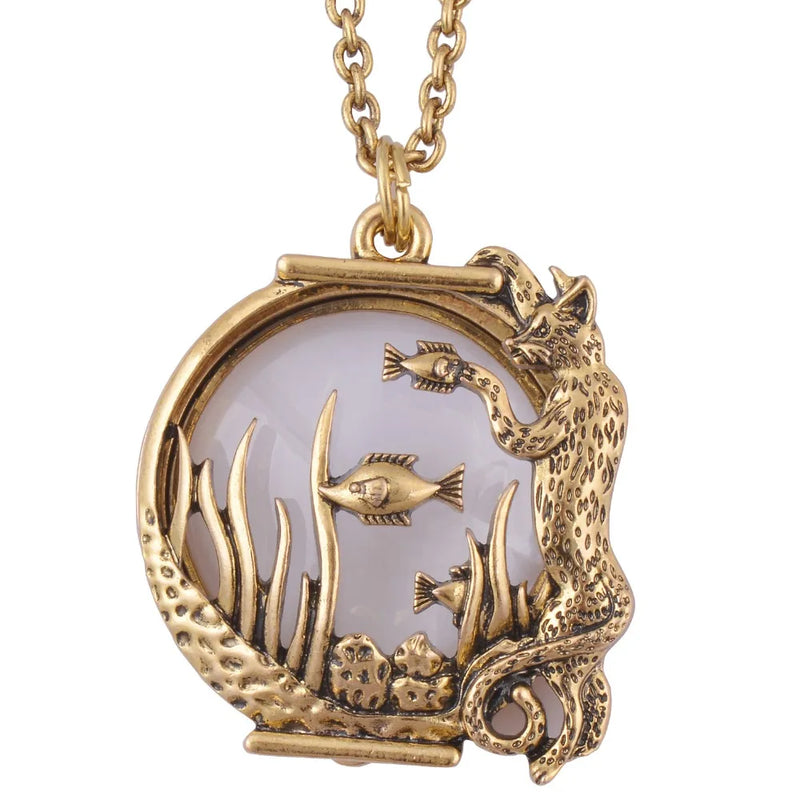 Ocean Fish Magnifier Glass Pendant Necklace Antique Jewelry