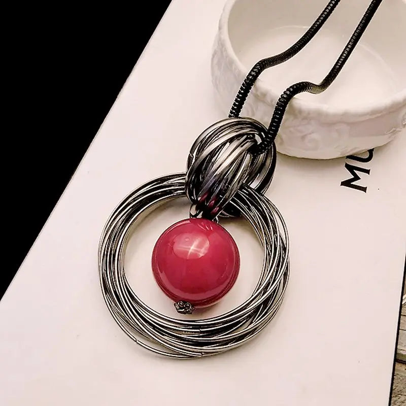 Ocean Red Pearl Ball Pendant Long Necklace Women Chain Jewelry