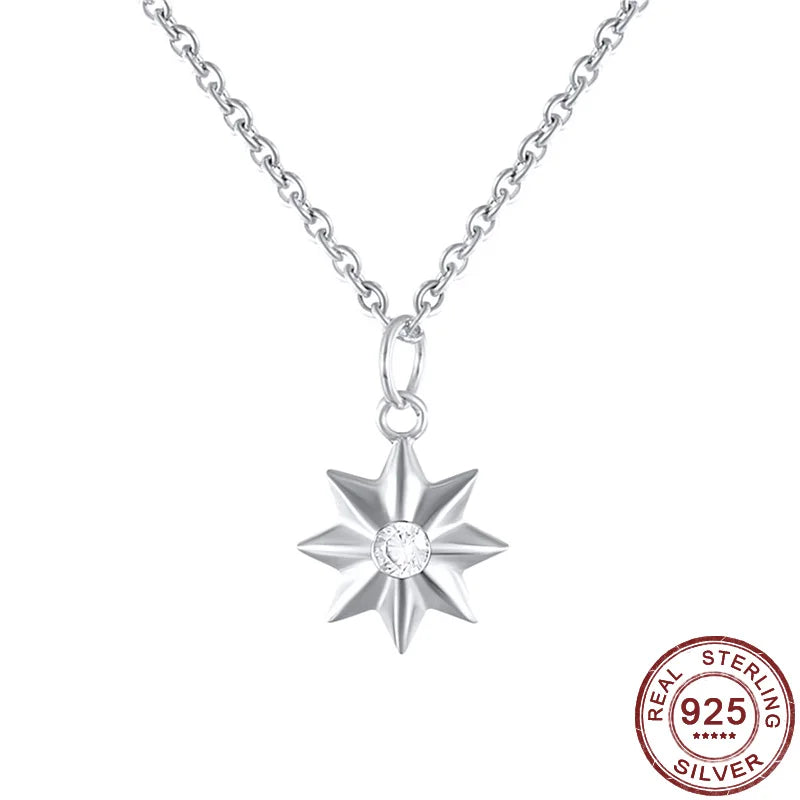 Octagonal Star CZ Queen Sun Pendant Necklace 925 Sterling Silver Crystal