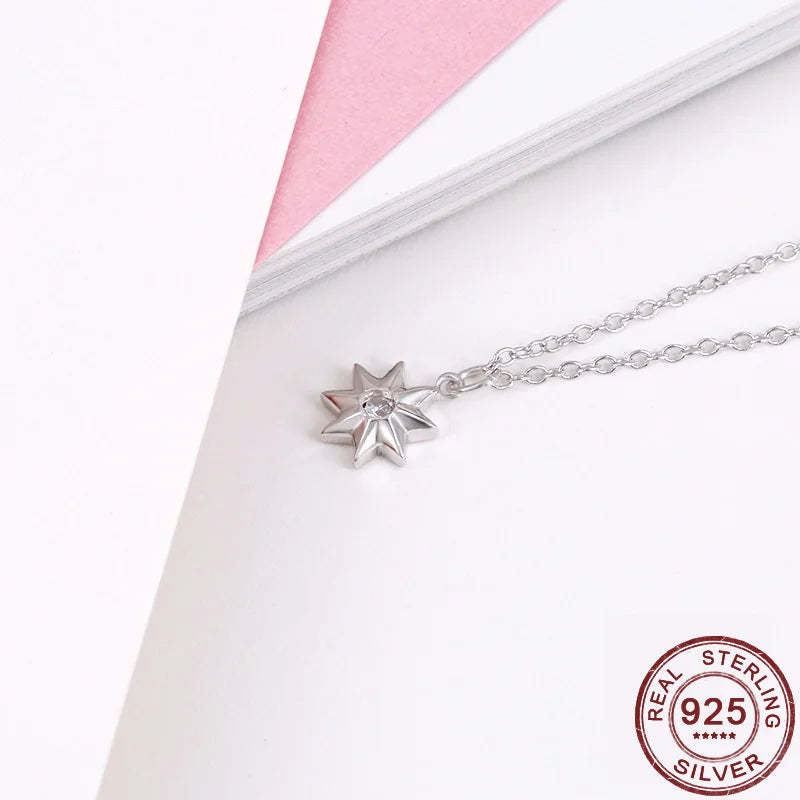 Octagonal Star CZ Queen Sun Pendant Necklace 925 Sterling Silver Crystal