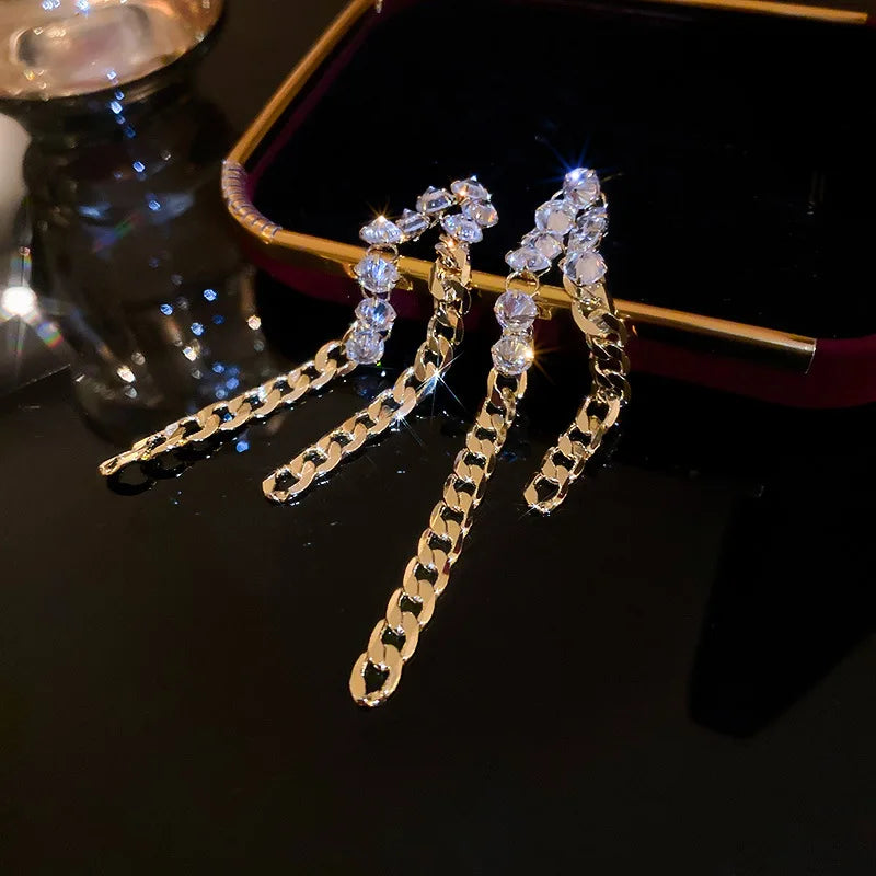 Metal Chain CZ Geometric Earring 14k Zirconia Stud Earrings