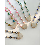 Oil Eye Necklace Pink Titanium Steel with Zircon Heart Pendant
