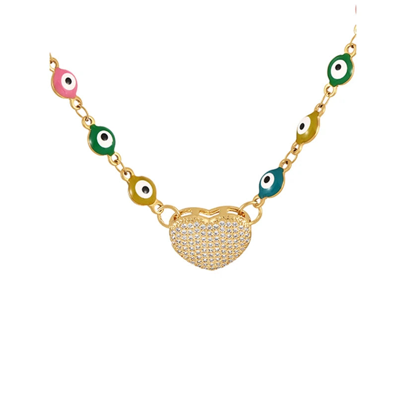 Oil Eye Necklace Pink Titanium Steel with Zircon Heart Pendant