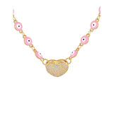Oil Eye Necklace Pink Titanium Steel with Zircon Heart Pendant
