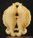 Hand Carved Natural Jade Dragon Pendant with Fish and Flower Design