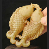 Hand Carved Natural Jade Dragon Pendant with Fish and Flower Design