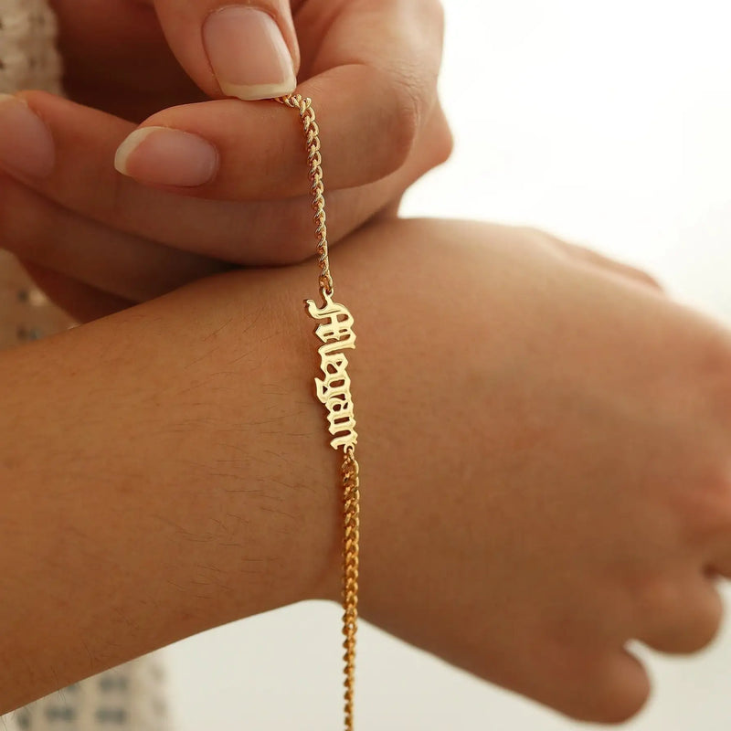 Old English Name Bracelet, Gothic Nameplate Bracelet, Curb Chain Jewelry