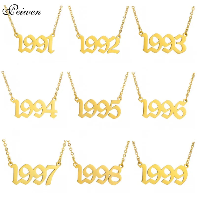 Old English Number Necklace Stainless Steel Year Number Pendant