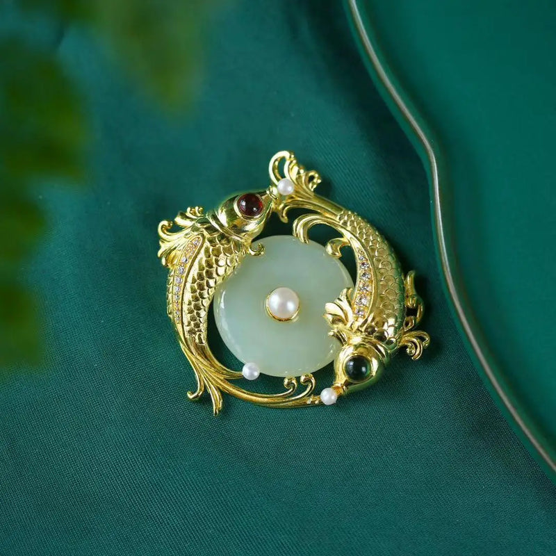 Hetian Jade Safety Buckle Pendant Pisces with Tourmaline Pearl Beads