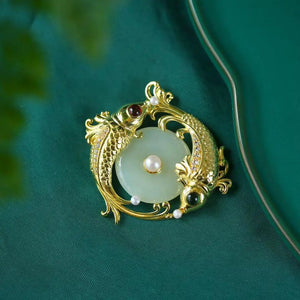 Hetian Jade Safety Buckle Pendant Pisces with Tourmaline Pearl Beads