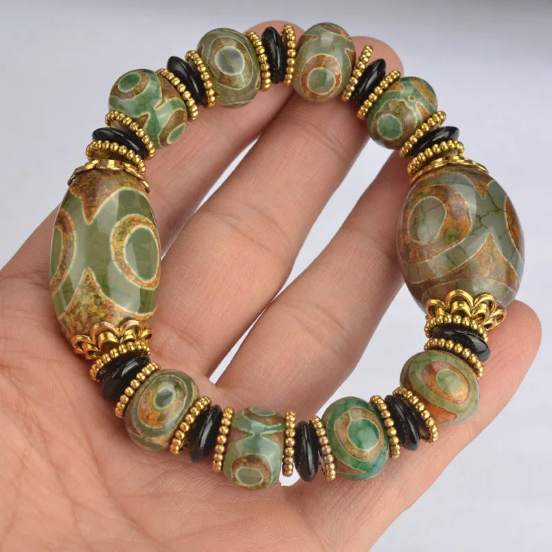 Vintage Tibetan Dzi Beads Stone Bracelet Three Eyes Chalcedony Prayer Beads