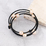 Crystal Glass & Fresh Water Pearl Memory Wire Bracelet