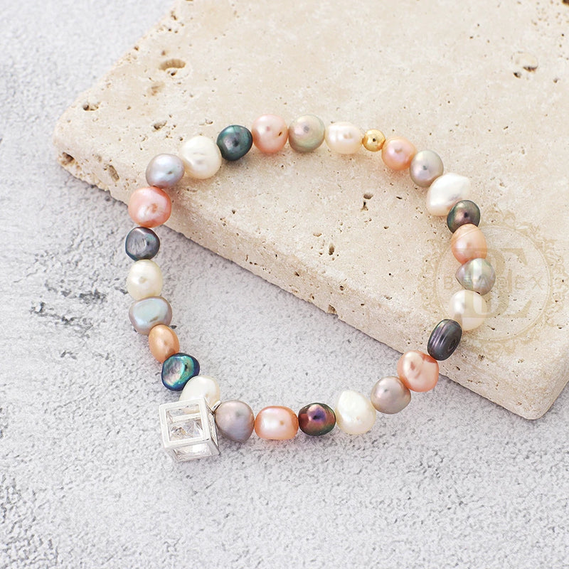 Fresh Water Pearl Charm Elastic Cord Bracelet - 54mm