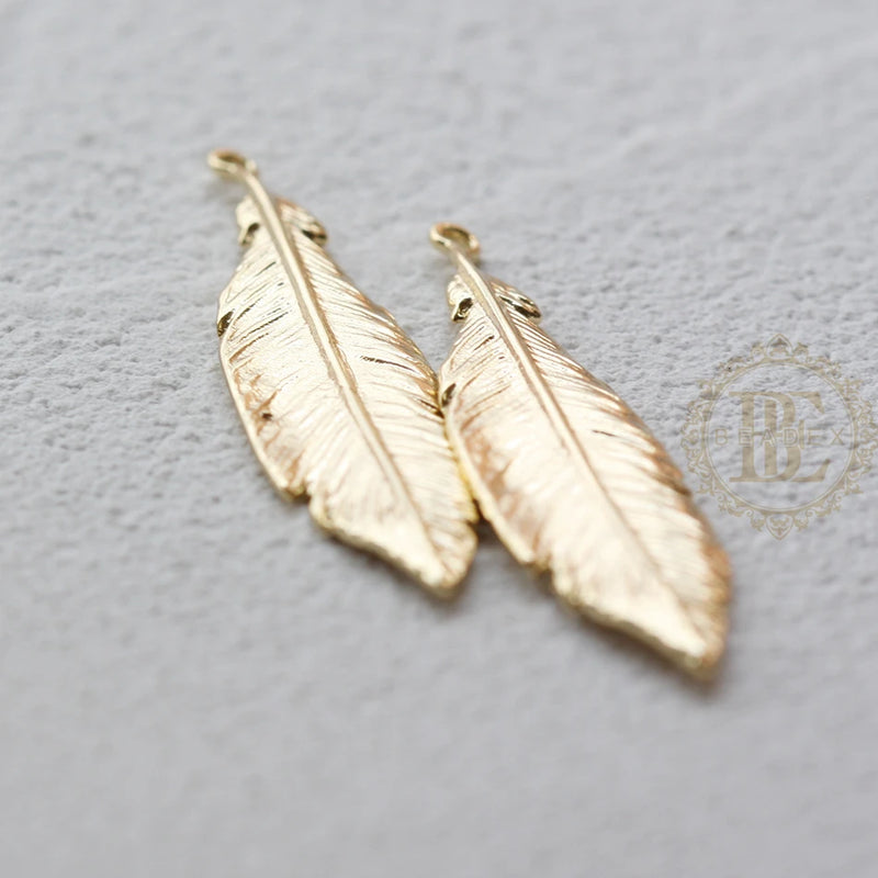 Solid Brass Feather Charm - 41x10mm