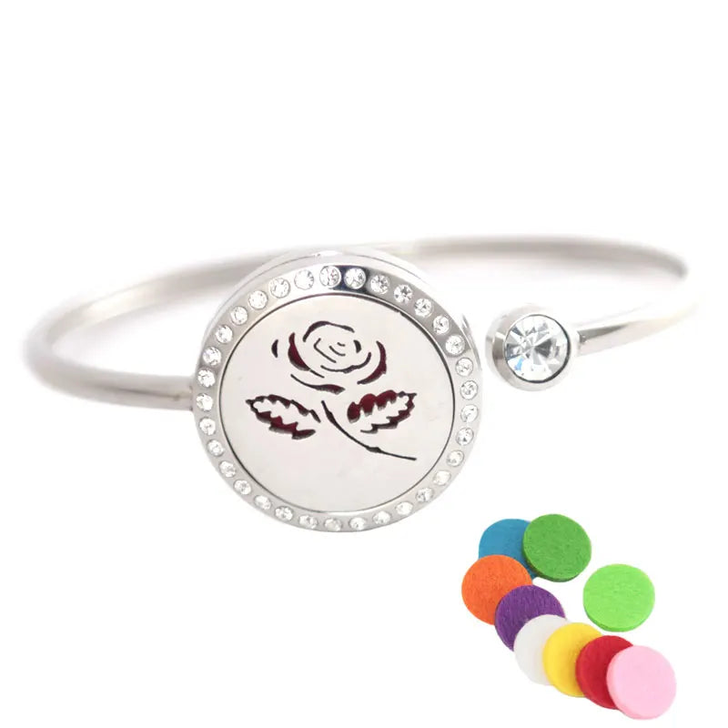 Rose Flower Locket Bracelet Aromatherapy 25mm Magnet Crystal Stainless Steel