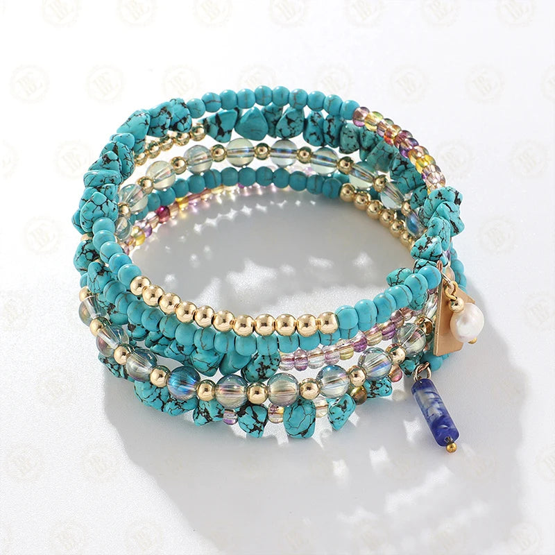 Glass Beads & Brass Memory Wire Bracelet