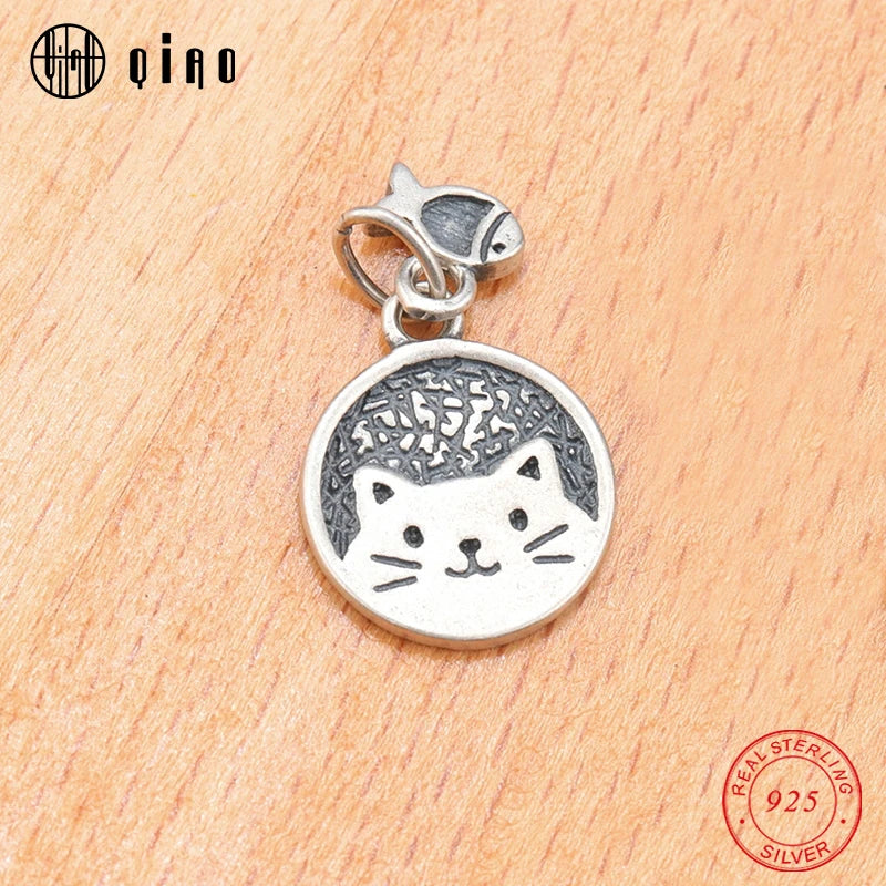 925 Sterling Silver Charm Cat & Fish Pendant for Jewelry Making