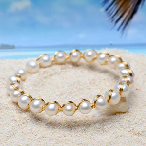 14K Filled Pearl Bangle Bracelet 6.5-8.5mm Twisted Design