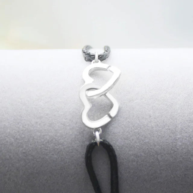 925 Silver DOUBLE COEURS Bracelet for Men Women with Adjustable Rope Bracelet