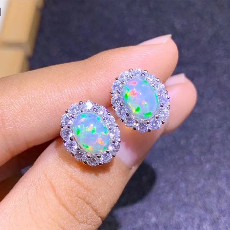 Opal Earrings Silver 925 6*8MM Oval Gemstones Women Anniversary Gift