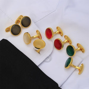 Opal Mens Cufflinks Golden Round Whale Back Closure Shirt Suit Jewelry