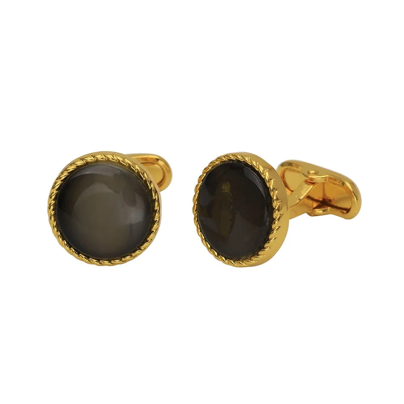 Opal Mens Cufflinks Golden Round Whale Back Closure Shirt Suit Jewelry