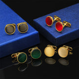 Opal Mens Cufflinks Golden Round Whale Back Closure Shirt Suit Jewelry