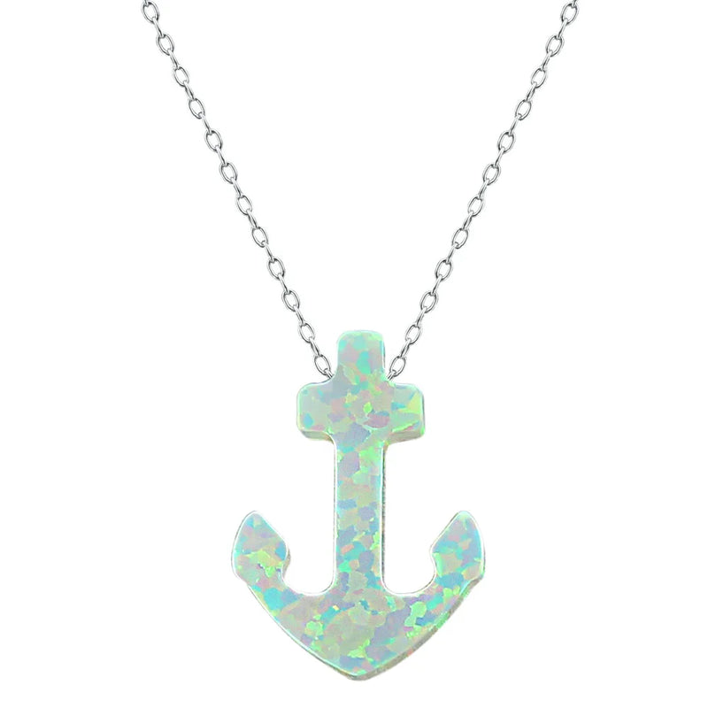 Opal Stone Pendant Choker Necklace 925 Silver Women Collar with Anchor Pendant