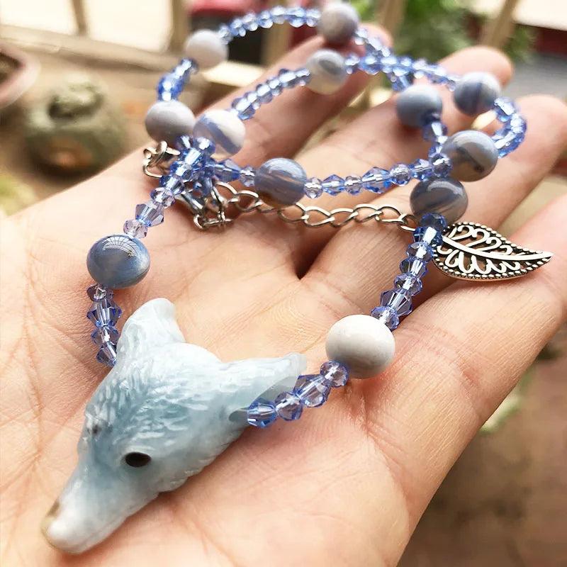 Opalite Wolf Necklace, Ice Queen Witch Jewelry