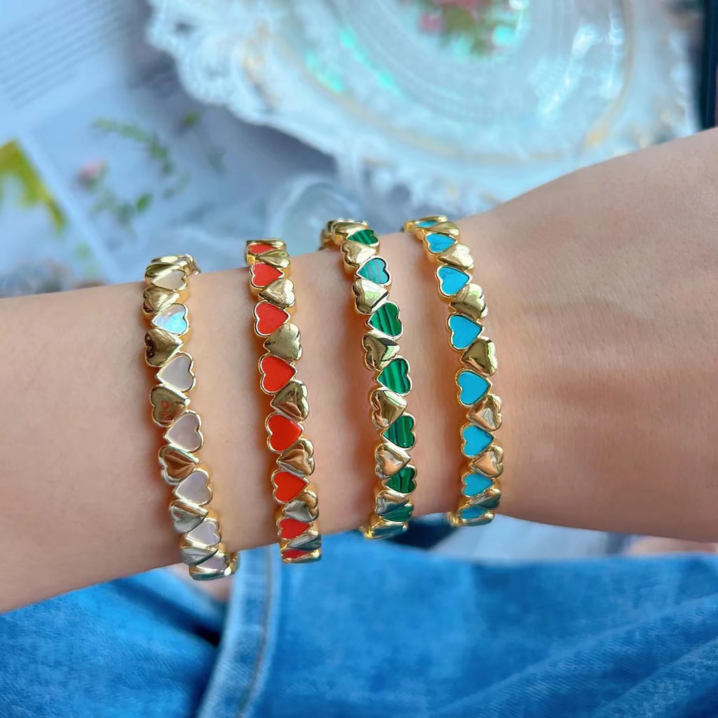 Colorful Heart Bangles Romantic Style Jewelry Gold-Color Enamel Brass Bracelets