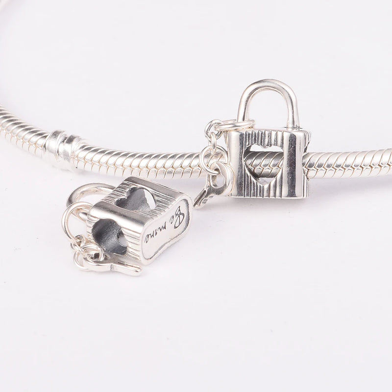 Heart Padlock & Key Dangle Charm for Bracelets - 925 Sterling Silver