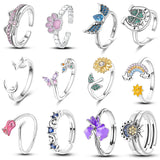 925 Sterling Silver Flower Star Moon Rainbow Ring Gift