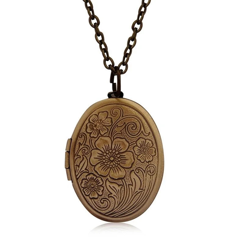 Vintage Stripe Flower Locket Oval Pendant Brass
