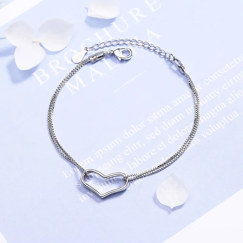 Heart Double Box Chains Bracelet 925 Silver Jewelry