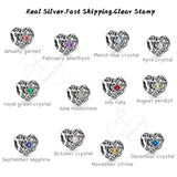 Openwork Heart Birthstone Beads Real 925 Silver March Birthday Charms