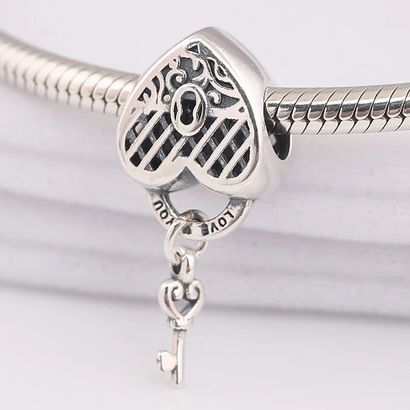 Love You Lock Beads Charms, 925 Sterling Silver