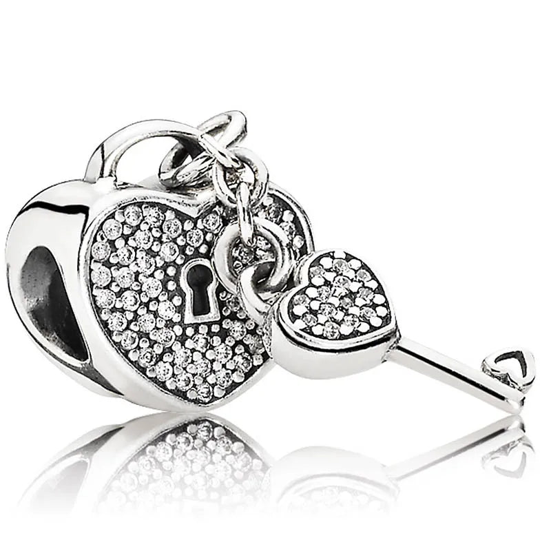 Heart Padlock Crystal Pendant 925 Silver Charm for Bracelet DIY
