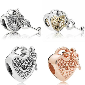 Heart Padlock Crystal Pendant 925 Silver Charm for Bracelet DIY