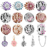 Purple Daisy Meadow Dangle Charm 925 Silver Beads Bracelet DIY
