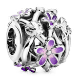 Purple Daisy Meadow Dangle Charm 925 Silver Beads Bracelet DIY